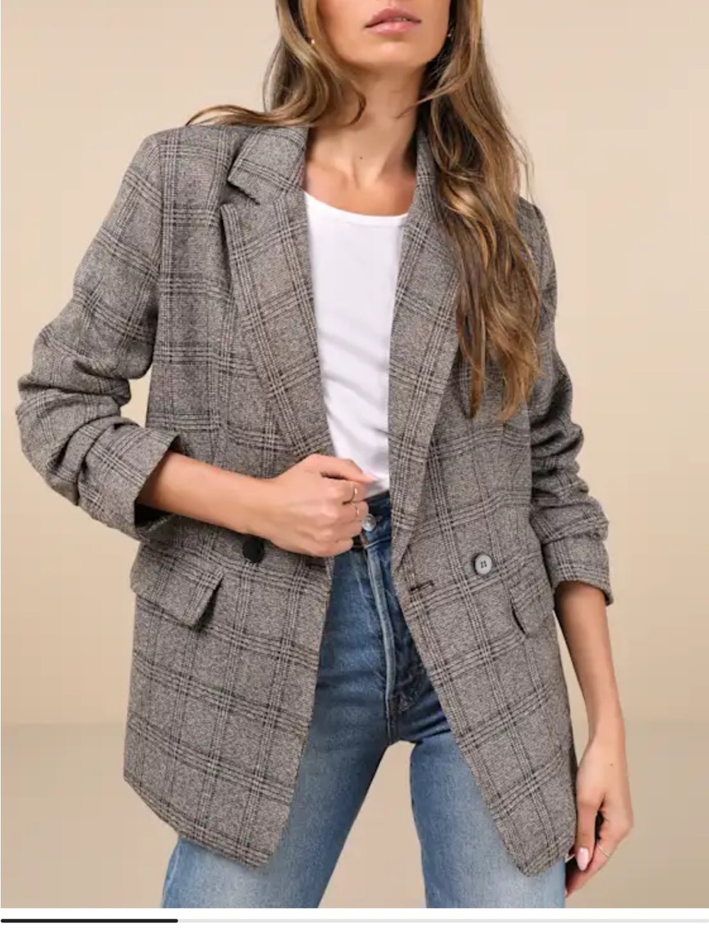 NWT Lulus Brown Gray Taupe Double Breasted Blazer Coat Plaid Womens Small Suit